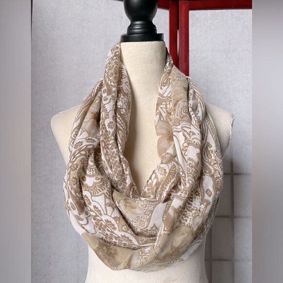 Infinity Scarf with Cream, Tan and White Paisley and Floral Designs (OS) - Picture 1 of 13